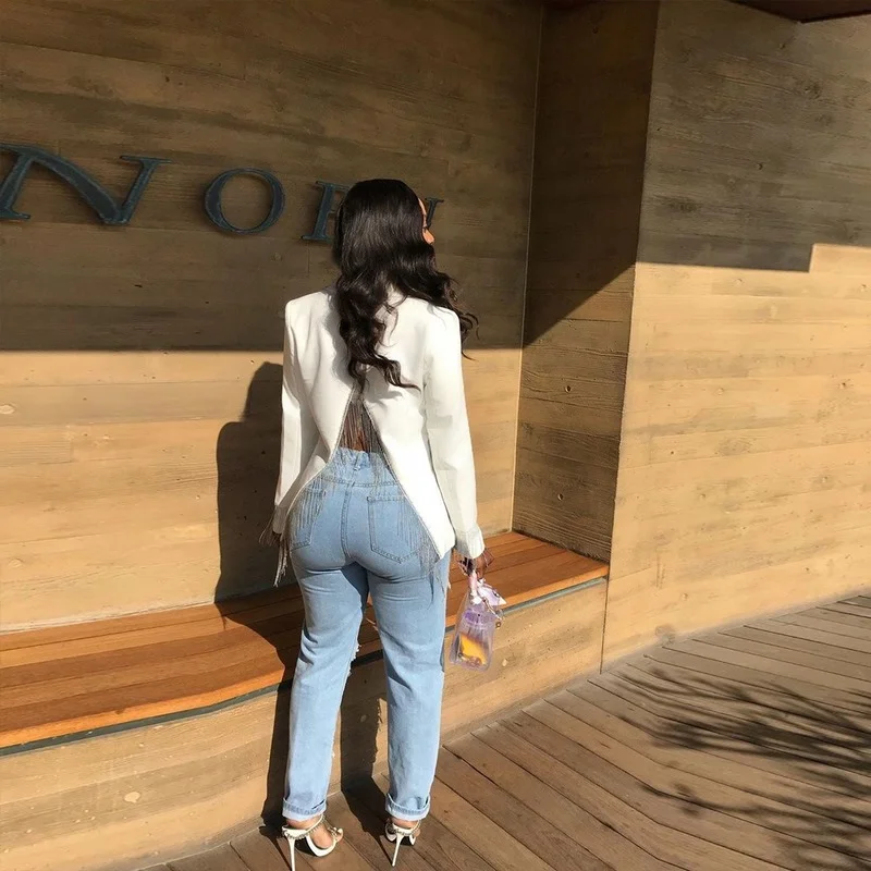 Sexy Backless Tassel Blazer 2023 Women Fashion Solid Colors Single Button Casual Office Blazer Club Party Beach Formal Clothing