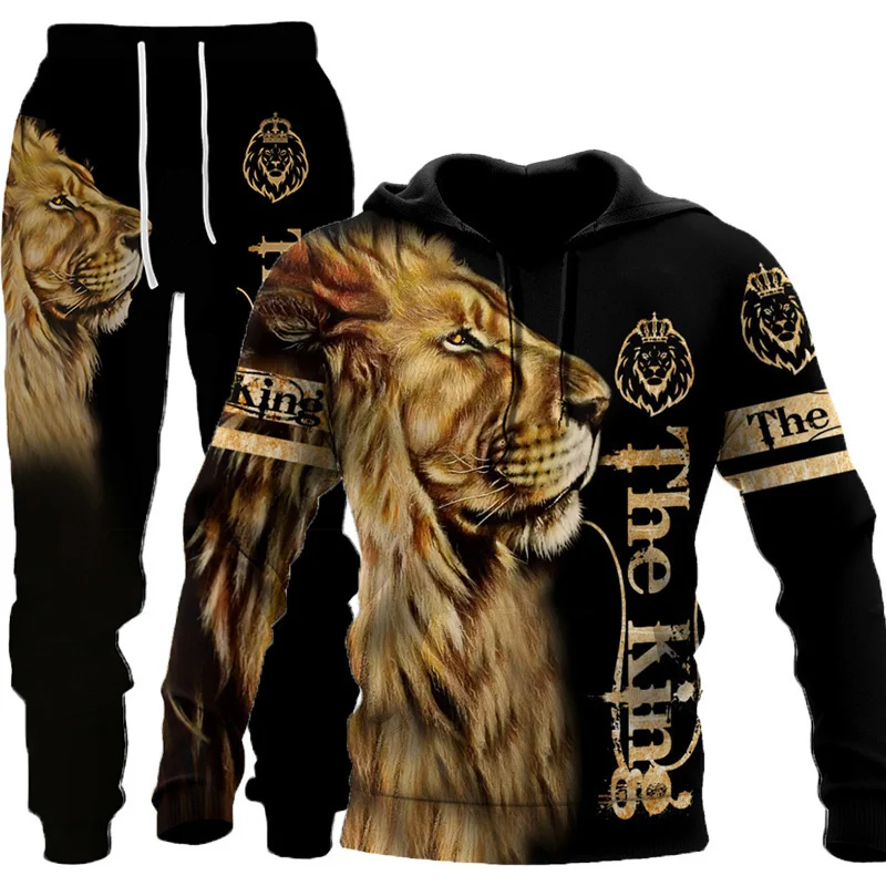 Men Autumn Hoodies Set Fashion 3D Printed Lion Oversized Tracksuit Vintage Casual Male Trendy Outdoor Suit Sports Jogging Outfit