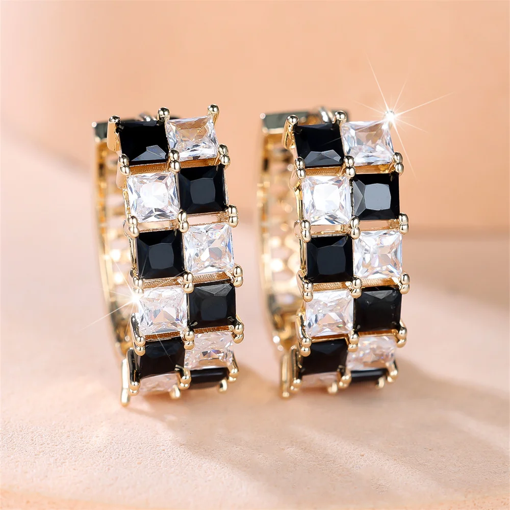 Black Crystal White Zircon Square Stone Chessboard Hoop Earrings For Women Vintage Gold Color Ear Buckle Wedding Jewelry Gifts