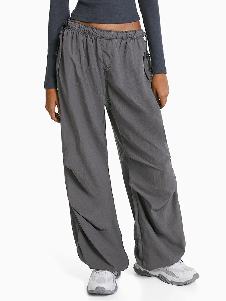 

Pants Women 2023 Drawstring And Stopper Elastic High Waist Trousers Front Pleated Detail Casual Nylon Jogger Pants With Pockets