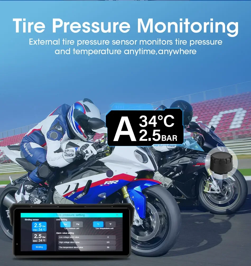 Srnubi 8,1-Zoll-Motorradnavigation, vorne 4K, hinten 1080P, Carplay, Android Auto, DVR, IPX7, wasserdicht, TPMS, tragbarer Bluetooth-Monitor – Detail 8
