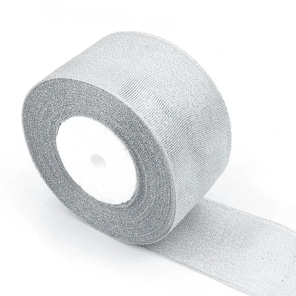 Silver Gold Glitter Silk Satin Ribbon for Party and Home Decorations - 25 Yards