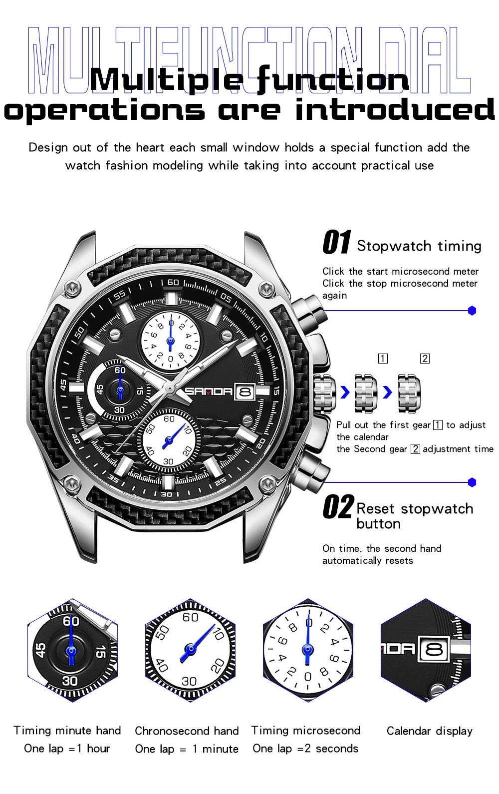 2023 SANDA New Quartz Watch Belt with Three Eyes and Six Needles Fashion Trend with Calendar Men's Fluorescent Quartz Watch 5301