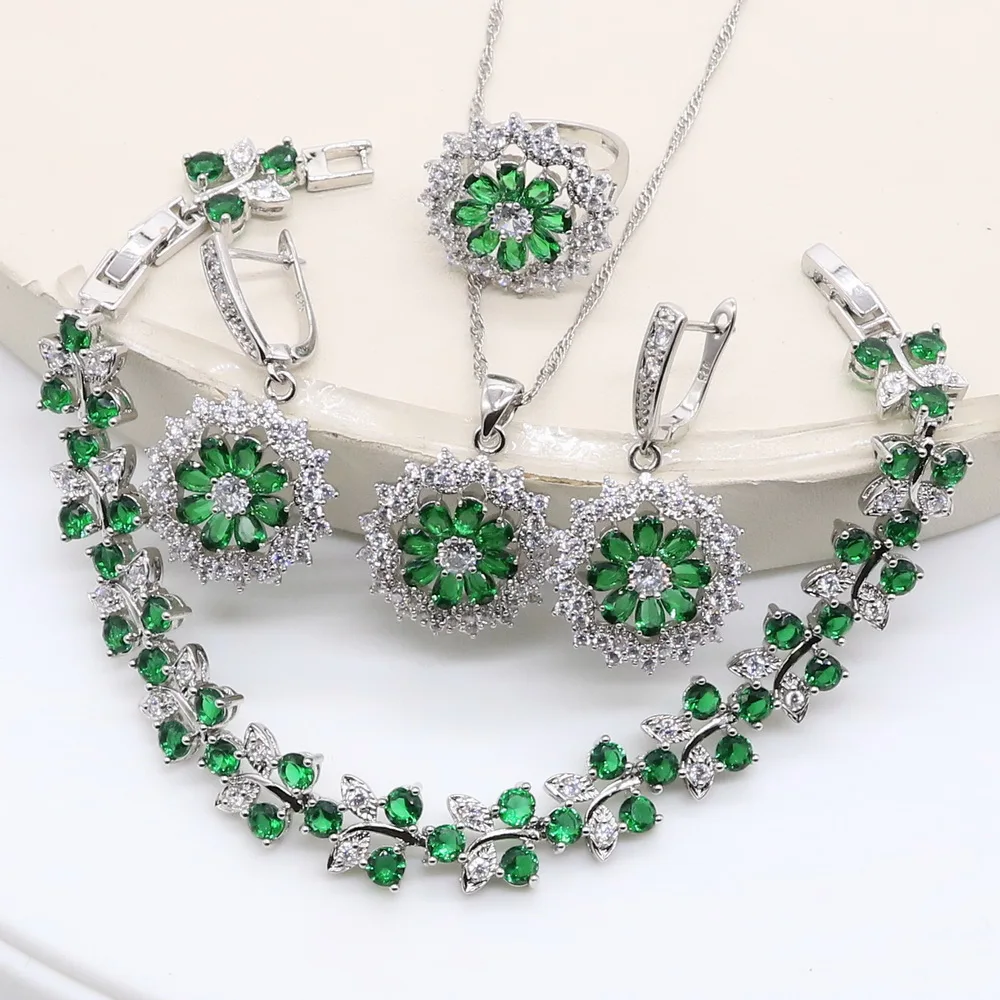 

Green Emerald 925 Silver Jewelry For Woman Long Drop Earrings Set Pendants Ring Bracelets Wedding Party Jewel Jewellery