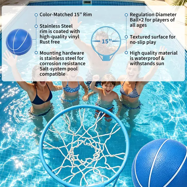 20014-7100dd.jpg Outdoor Poolside Basketball Hoop, Adjustable Height, Stainless Steel, 32'' Shatterproof Backboard, 2 Balls & Pump