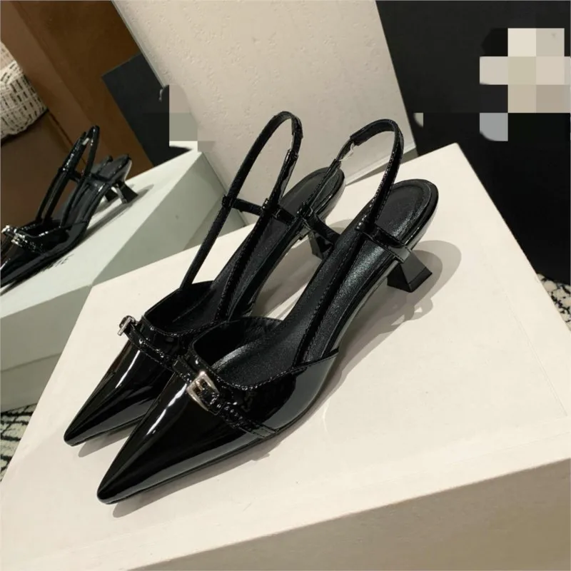 Dilalula 2024 Genuine Leather Sandals Office Ladies Covered Pointed Toe Buckle Decoration Med Heels Slip On Dating Sandals