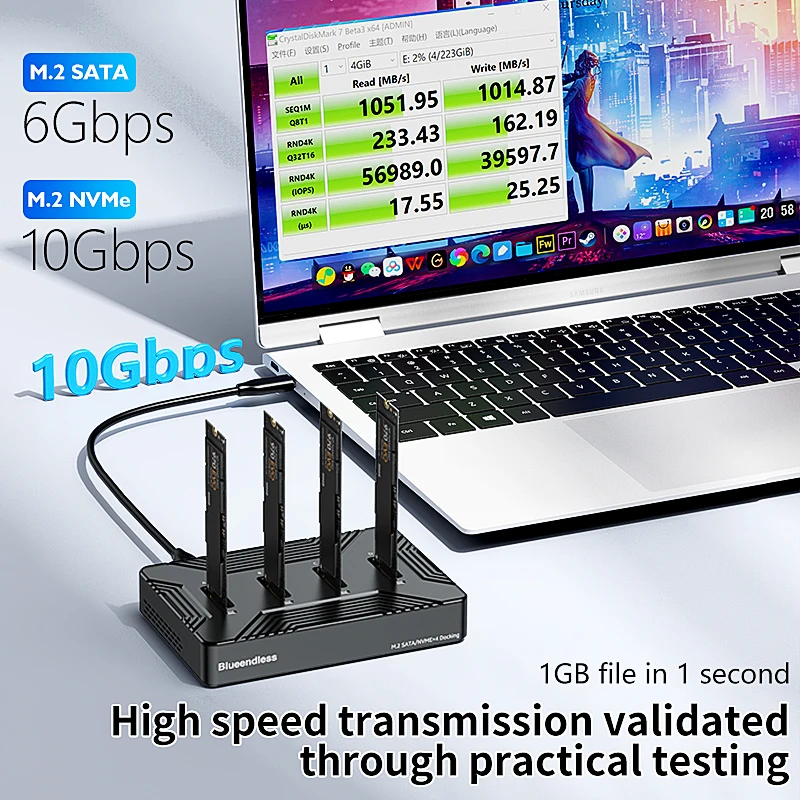 Blueendless 4 bay M.2 NVME/SATA to USB 3.2 10Gbps Docking Station Adapter m2 Nvme Pcie Aluminum alloy external SSD enclosure