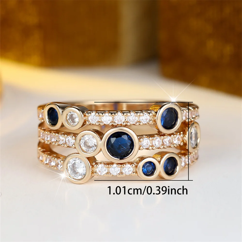 Blue Crystal Round Stone Three Layers Rings For Women Vintage Gold Color Engagement Ring Wedding Jewelry Bridal Versatile Gifts