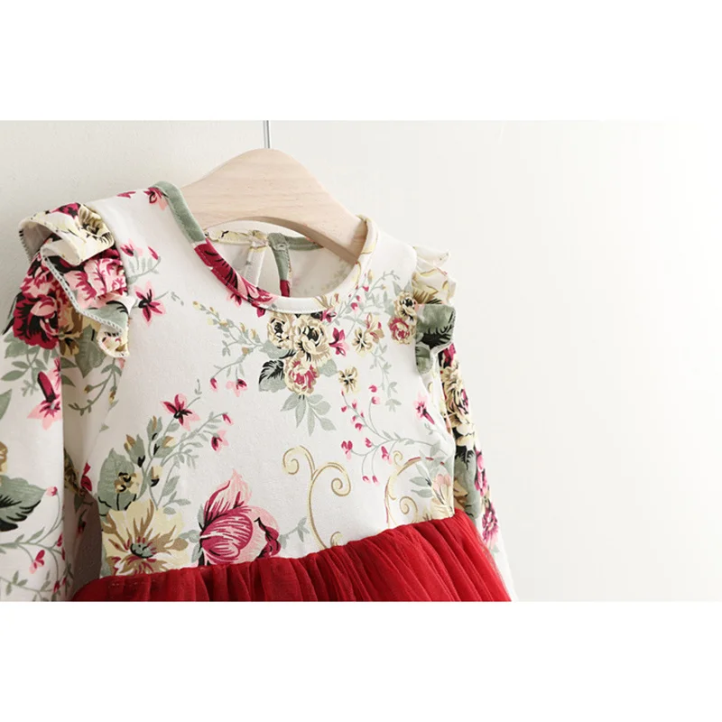 Children Dress Autumn Baby Girls floral Printed Princess Dresses Vestidos toddler girls Clothing Kids Girls red Xmas Dresses