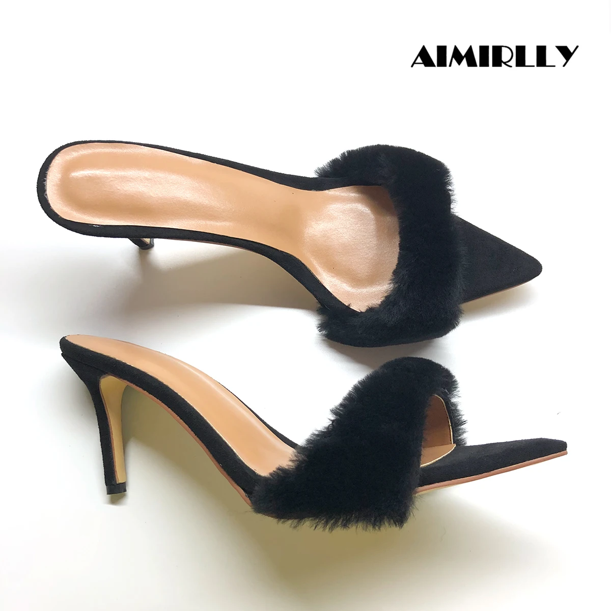 

Fashion Women's Slipper Pointy Sole High Heels Shoes Casual Mules Soft Fur Strap Ladies Party Evening Dress Footwear Slip On