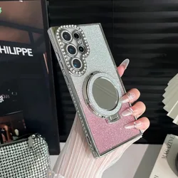 Luxury Diamond Crystal Mirror Stand Case with Glitter Shockproof Plating Cover - S22 Ultra (Silver)