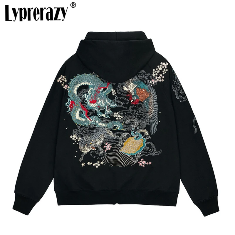 

Lyprerazy National Tide Embroidering Dragon Flying And Phoenix Dancing Hooded Zipper Cardigan Trend Loose Hoodie Coat