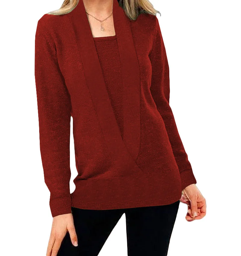 2024 new knitted pure color deep V-neck long-sleeved fake two-piece sweater women's jacket 5