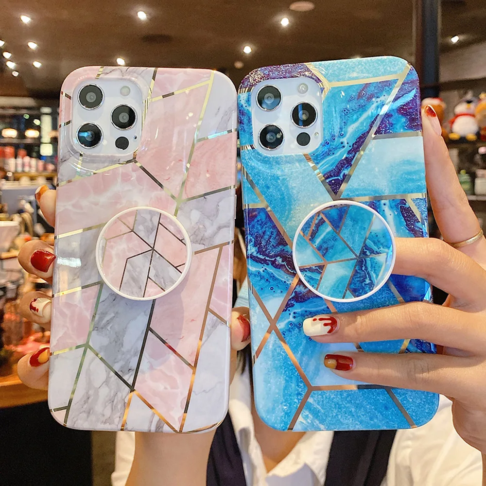 Geometric Marble Stand Holder Case For iPhone 14 Pro Max 13 12 11 XR X