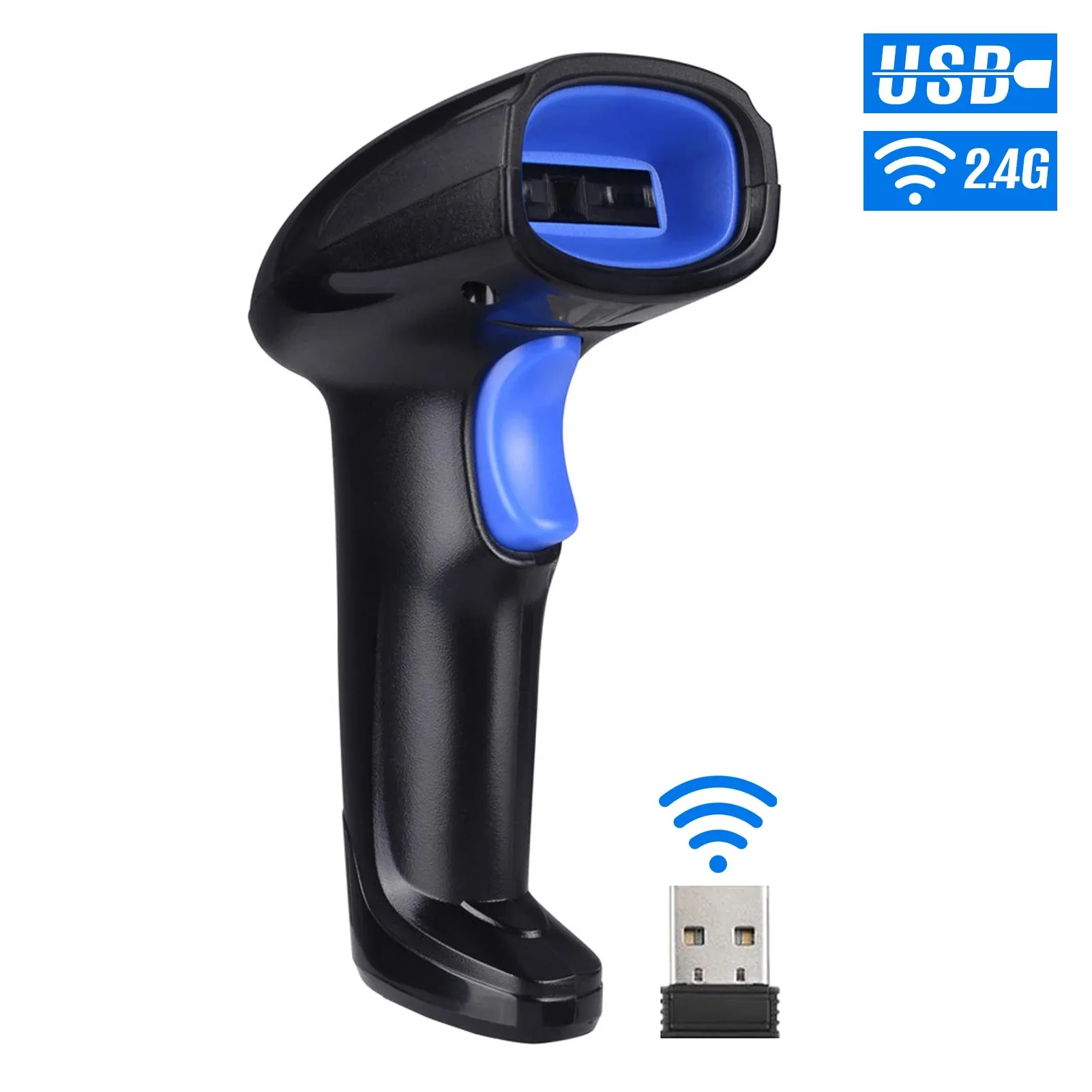 2-in-1 2.4G Wireless Barcode Scanner & USB Wired Barcode Scanner Automatic Handheld Rechargeable 1D Bar Code Reader