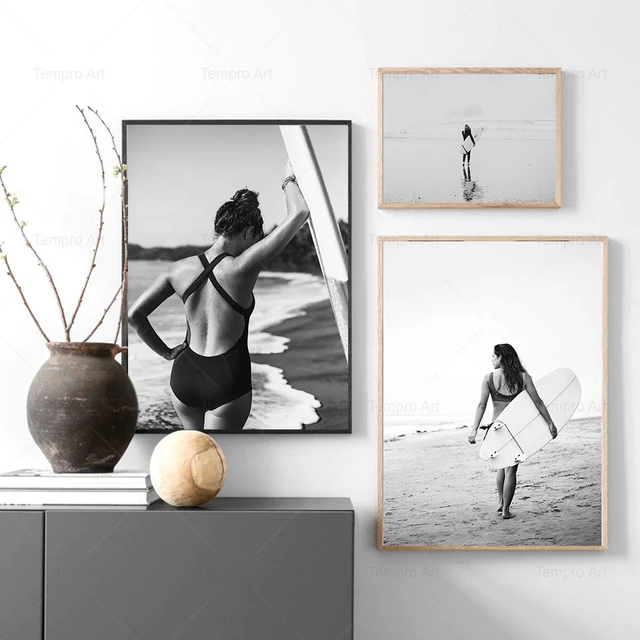 Surfer Girl Surfboard - Monochrome - Fashion Wall Art - Canvas