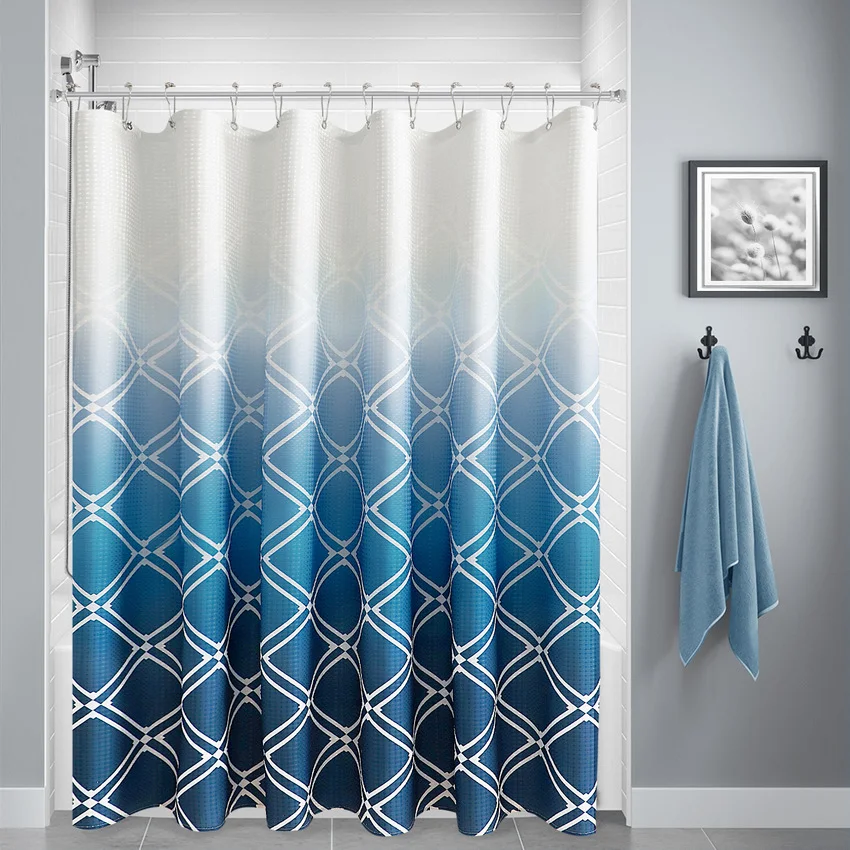 

Geometric Gradient Color Shower Curtain Waffle Waterproof Bathroom Curtains Thick Bathtub Bathing Cover with 12 Metal Hooks