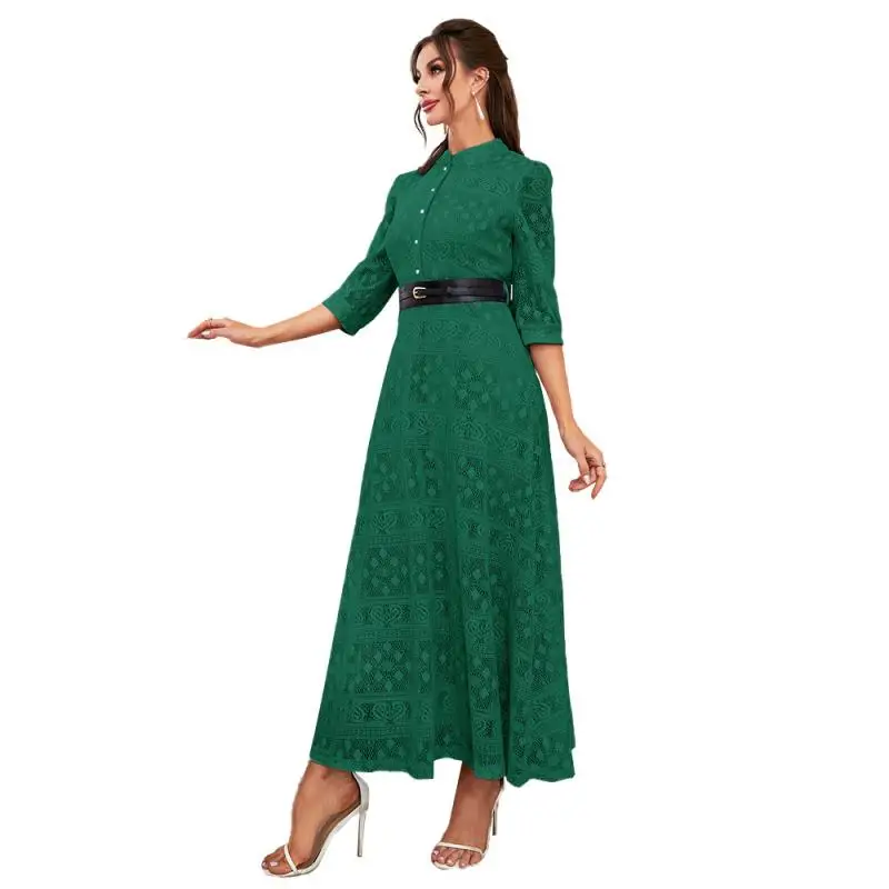 2023 Mesh Dress for Women Female Seven Sleeve A-line High Waist & Belt Long Dresses Office Lady Commuting Clothes Woman Outfit