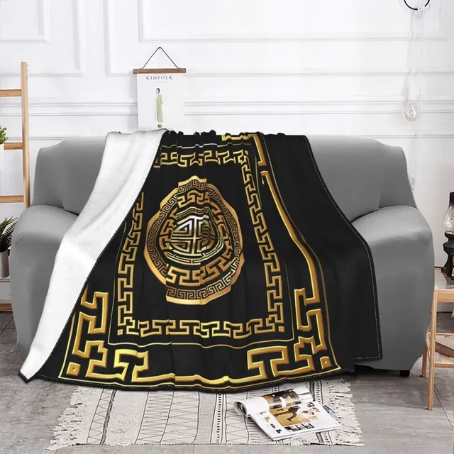 Fleece Blankets Black And Gold Blanket Greek Key Meander Black