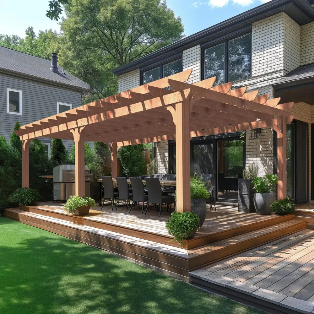 12x20FT Retratable Wooden Pergola Gazebo Patio Arched Roof and Stakes, Outdoor Pergola Garden Shelter Cedar Framed Backyard,Deck