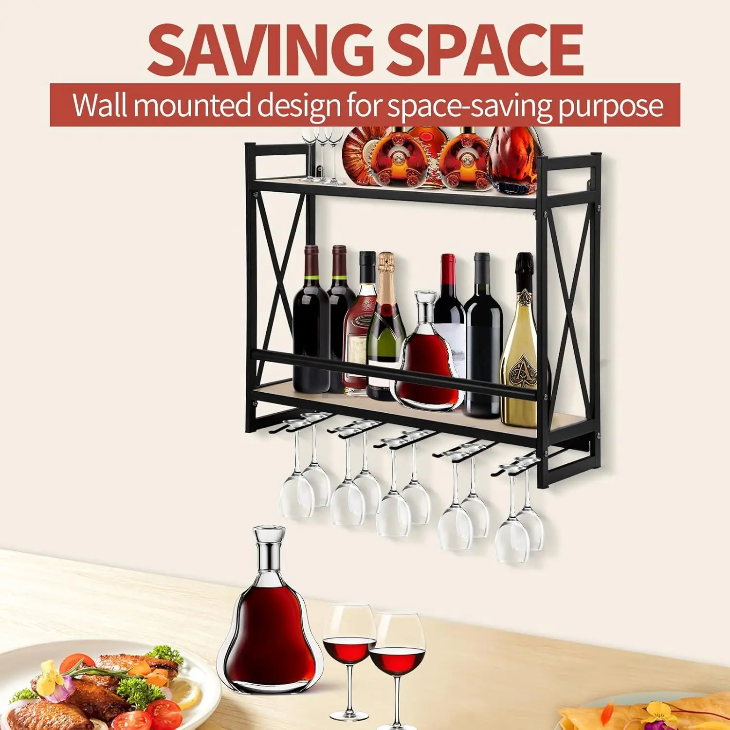 Industrial Wall Mounted Wine Rack, 2 Tiers Metal Hanging Wine Shelf with 5 Stem Glass Holder, Black Wall Wine Bottle Glass Rack