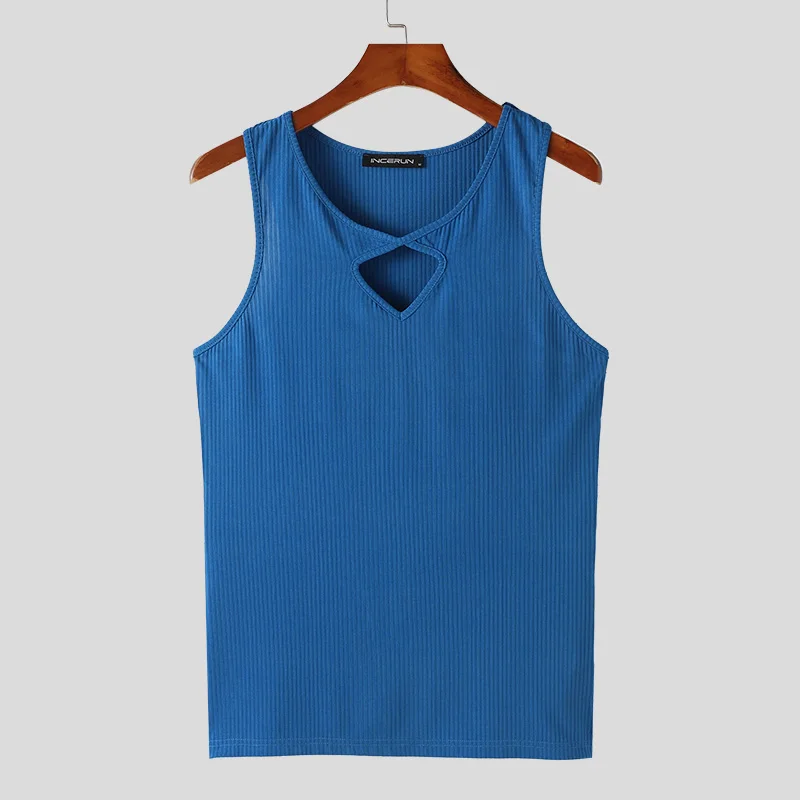 2024 Men's Tank Tops Solid Color V Neck Sleeveless Fitness Hollow Out Male Vests Streetwear Summer Casual Men Clothing INCERUN