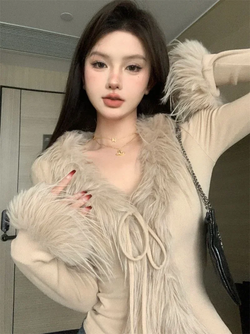 

Solid Color Fur Knitted V-neck Tie Cardigan Women Clothes Cropped Fashion Hot Girls Y2k Tops Korean Atmosphere Slim Fit T-shirt