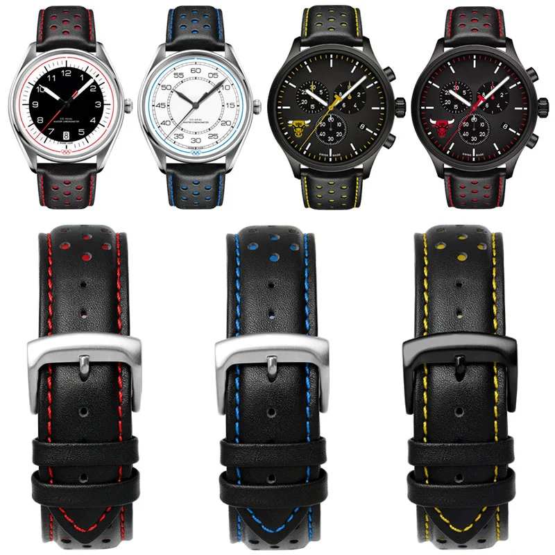 

Ремешок для часов Omega Tissot T116.617 мужской, модный спортивный мягкий браслет из натуральной кожи, 22 мм, черные, красные, оранжевые, синие, желтые линии, аксессуары
