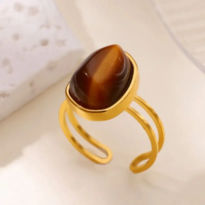 Geometric Stone Rings For Women Gold Color Stainless Steel Adjustable Ring