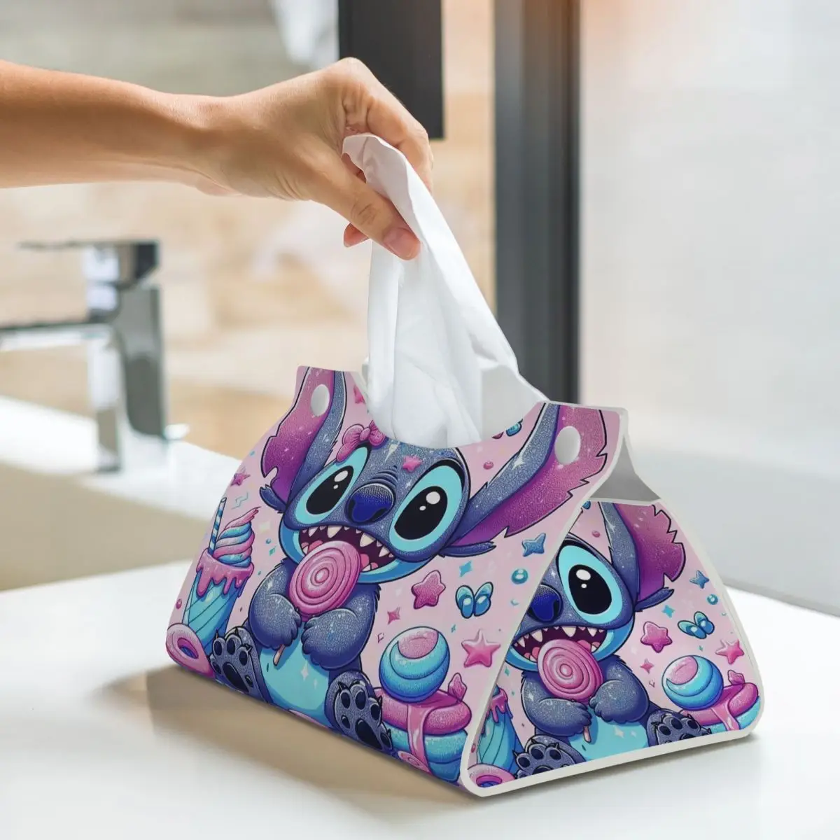 Custom Cartoon Pink Stitch Tissue Box Cover PU Leather Rectangular Anime Cartoon Facial Tissues Holder for Home 6
