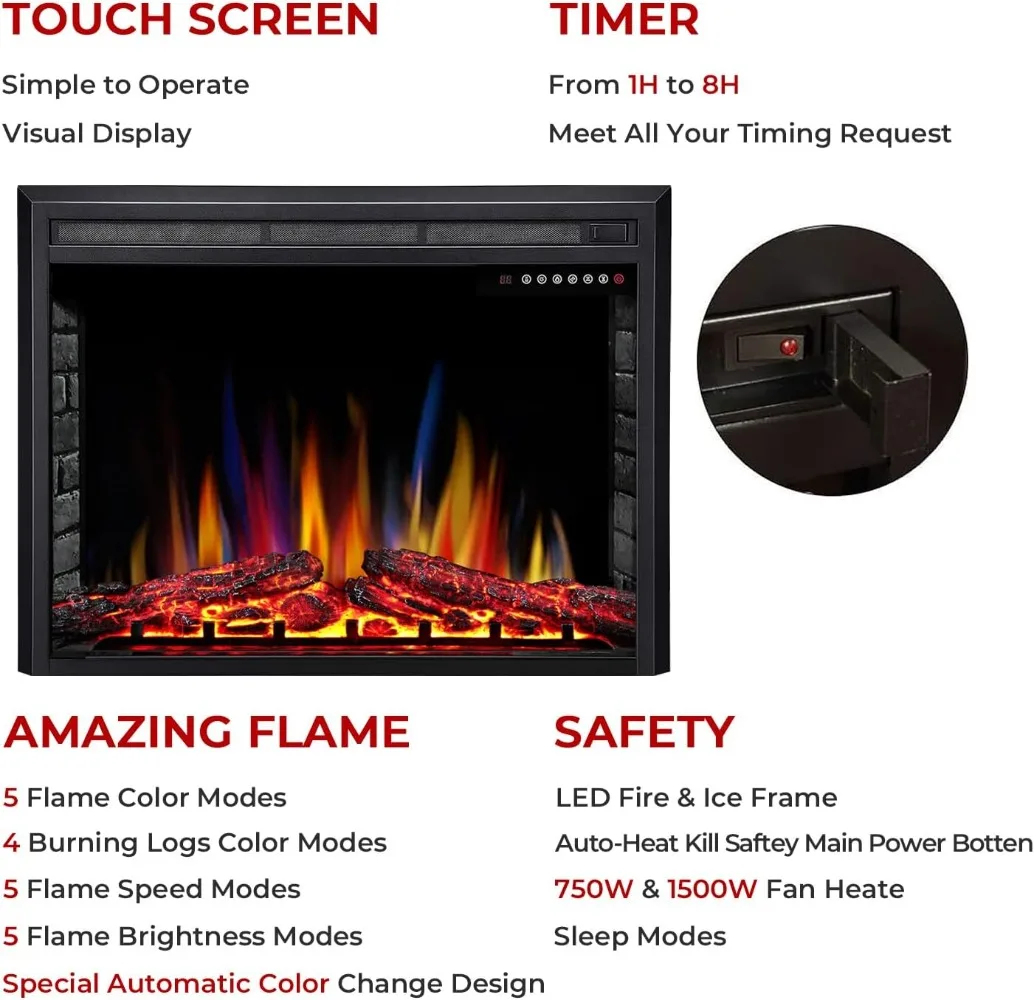 39" Electric Fireplace Insert,Freestanding & Recessed Electric Stove Heater,Touch Screen,Remote Control,750W-1500W with Timer 2