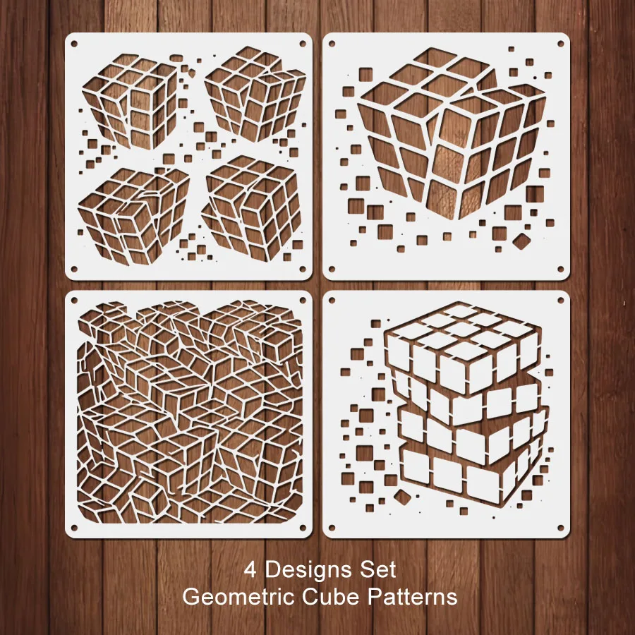 4PCS 11.8x11.8인치 기하학적 큐브 페인팅 템플릿 세트 3D 블록 컷아웃 드..