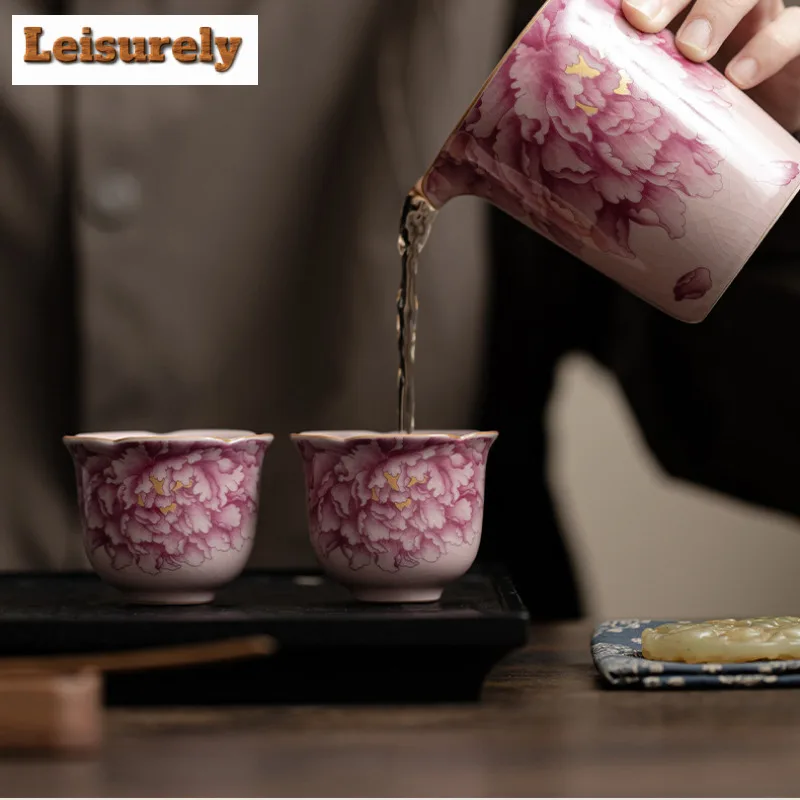 2pc/lot Pink Ru Kiln Peony Flower Mouth Teacup Aesthetic Tea Bowl Tea Cup Set Fragrance Cup Chazhan Tea Items Ornaments 55ML