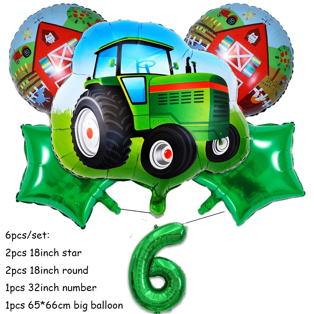 Green Farm Tractor Birthday Party Tableware Set with Banner, Balloons, Cups, Plates, and Napkins