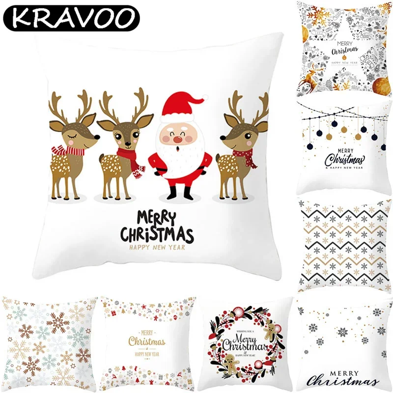 

White Christmas Cushion Cover Cute Santa Claus Elk Pillowcase Cover Winter Snowflake Decorative Pillow Case Navidad Funda Cojín