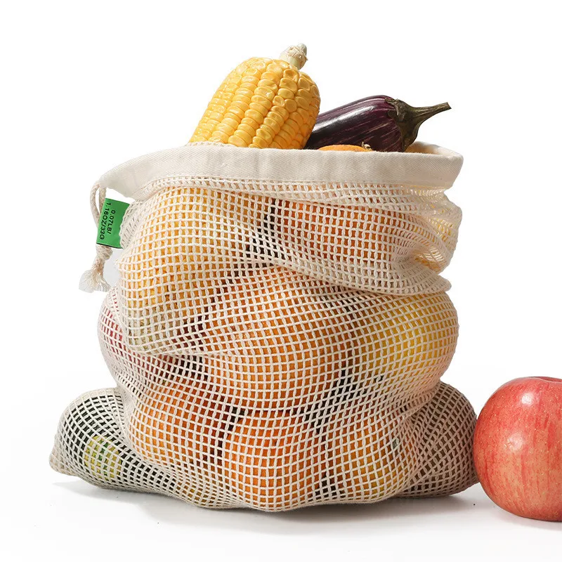 

Portable Shopping Bag for Fruit Vegetable Colorful Cotton Reusable Groceries Storage Net Mesh Drawstring Bag