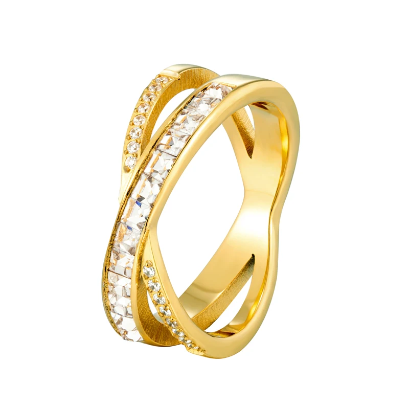 Schönes Design Biforked Inlay Zirkon und Kristall Ring für Frau Edelstahl Hochzeit Schmuck Ring Liebesgeschenk