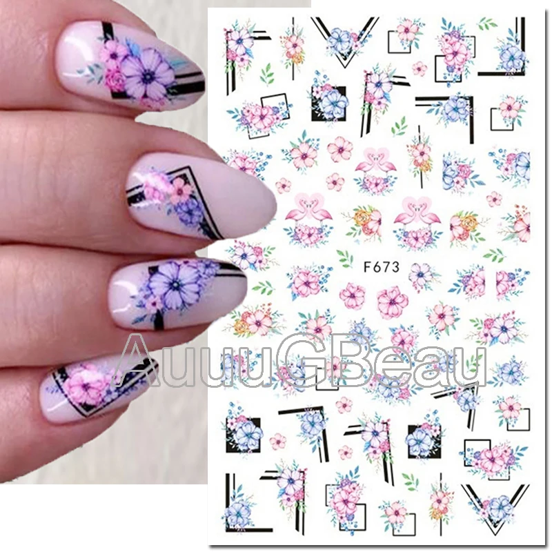 

3d Nail Art Decals Geometric Lines Pink Blue Florals Swan Flowers Leaves Adhesive Sliders Nail Stickers For Nail Manicure