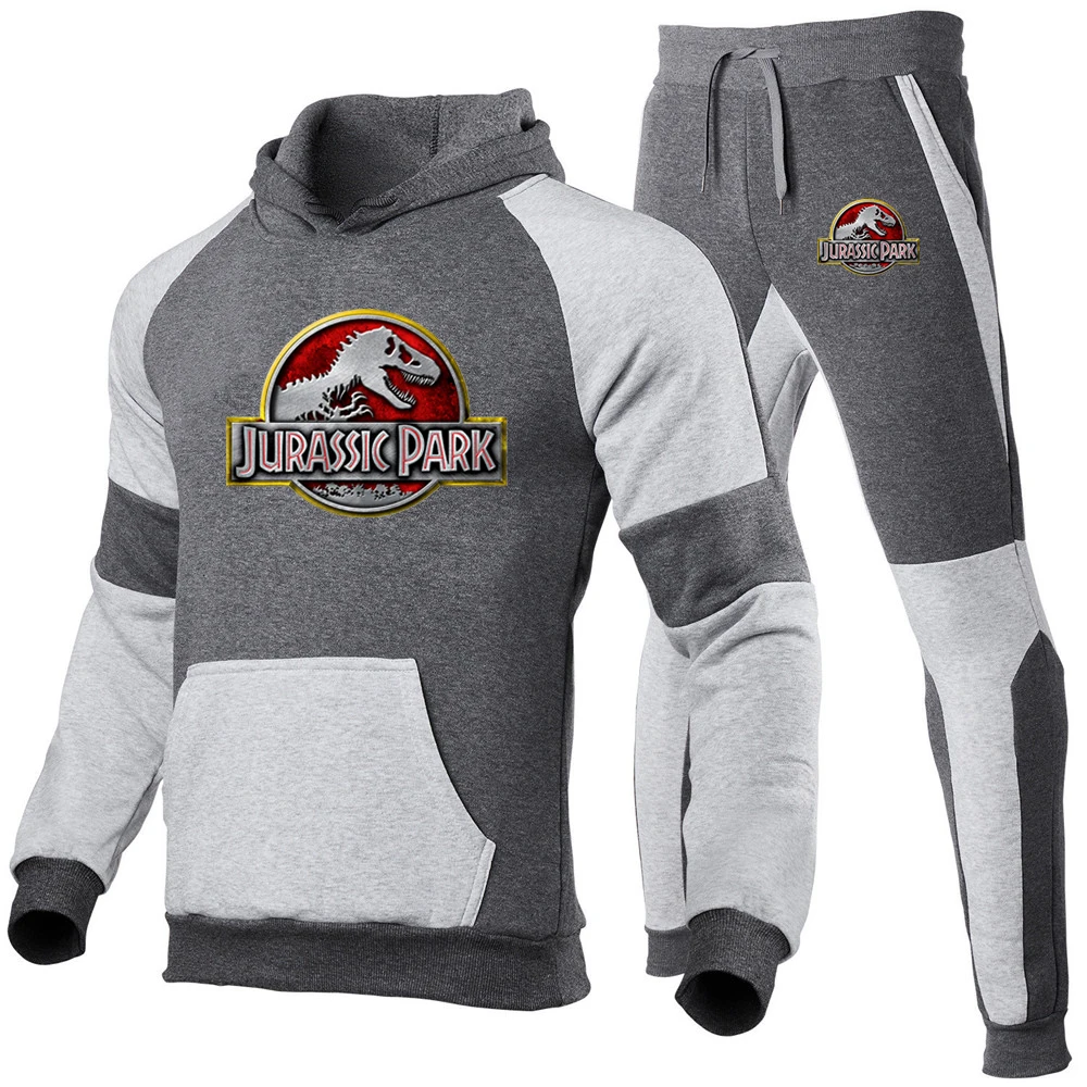 2024 Spring Autumn Jurassic Park Logo Printed Sports Hoodies Splicing Set Men's Fashion Hooded Tracksuit+Joggers Sweatpants Suit 3