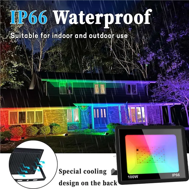 A19F-4 팩 100W RGB LED 투광 조명 IP66 방수 색상 변경 투광 조명, 파티, 할로윈 220V용 리모컨 포함