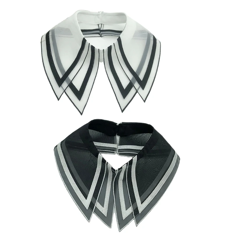 

Women Elegant Double Layer Organza Fake Collar Striped Print Triangular Pointed Lapel Choker Necklace Pearl Button Drop shipping