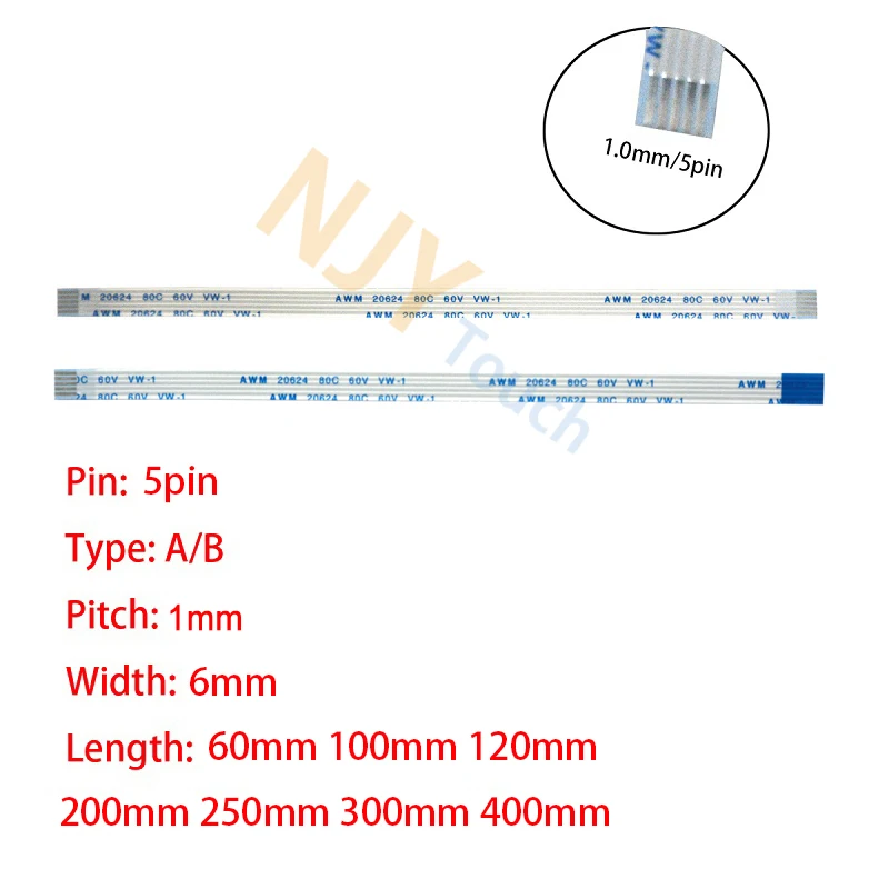 

5Pin 1mm Pitch FFC FPC AWM 20624 80C 60V VW-1 A B Type Flat Flexible Cable 60/100/150/200/250/300/400mm connector