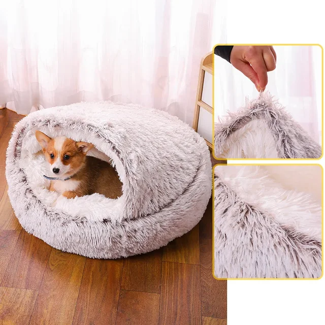 Snooze Cat Bed Round Plush Fluffy Hooded Cozy Cat Bed Cave for Indoor Donut Self Warming Small Dog Bed Anti-anxiety for Winter 4