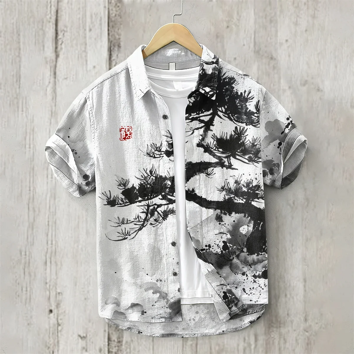 Linen Shirt for Men, 3D Print, Retro Japanese Art, Short Sleeve, Flip Collar, Casual Hawaii, Loose Beach Top, Pond, Fish, New,