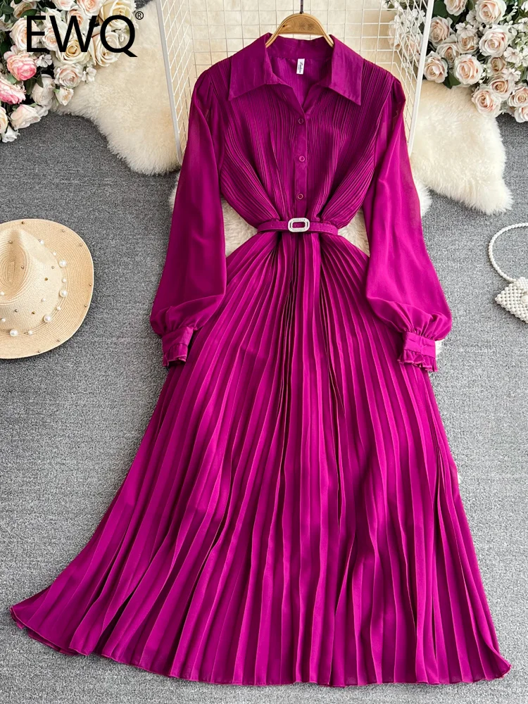 

EWQ Sweet Style Y2K Vestidos 2024 Summer New Women's Dress Solid Color Lapel Long-sleeve Pleated High Waist Dresses 27SN1820