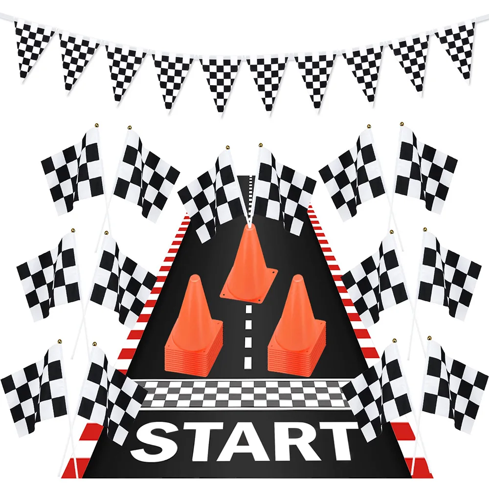 

Race Car Traffic Cones Racing Set Include 6Plastic Traffic Cones 12 Checkered Flags 1 Racetrack Floor Running Mat pennant Flag