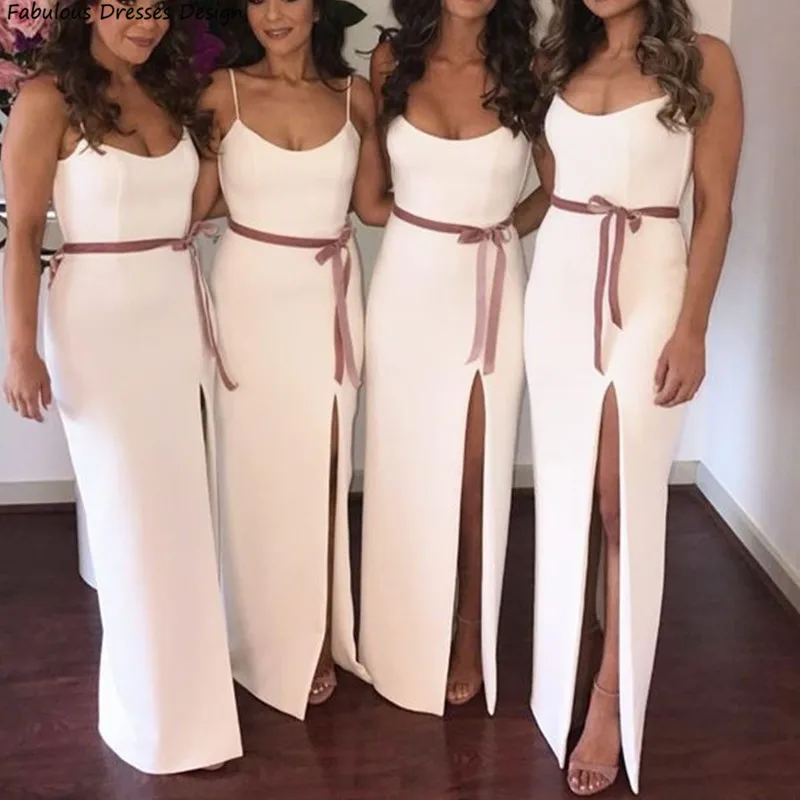 

White Long Mermaid Bridesmaid Dresses Scoop Neck Belt Bowknot Slit Trumpet Wedding Guest Dress Party Spaghetti Straps Prom Gown