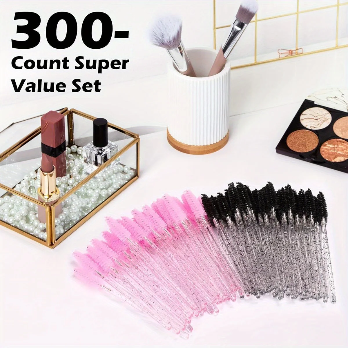 300pcs Disposable Eyelash Brushes Pink & Black-Professional Spoolie Wands for Lash Extensions | Salon Supply Eyelash Applicators