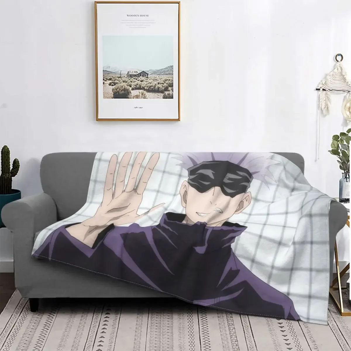 

Флисовое летнее одеяло Gojo Satoru с коллажем манга, портативное легкое одеяло в стиле аниме для кровати, искусственное одеяло