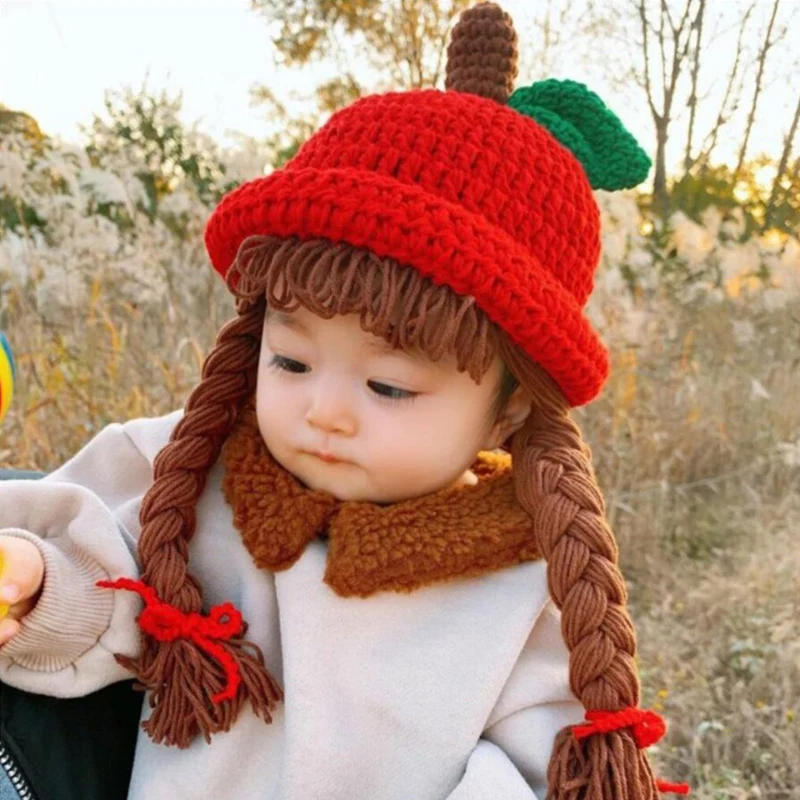 Children Knitted Hat Autumn Winter Braid Baby Ear Protection Wool Hat Apple Ruffle Red Costumes Accessories